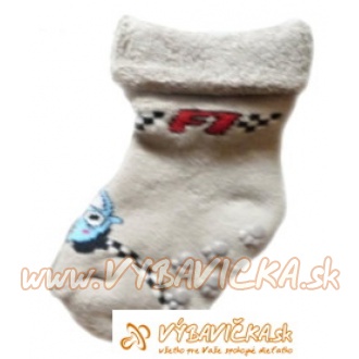 Ponožky protišmykové froté s protišmykovou vrstvou labky s patentom autíčko F1 svetlobéžová